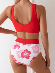 Women's Flower Print Bikini Set Chest Drawstring Stitched Bikini Holiday Style
