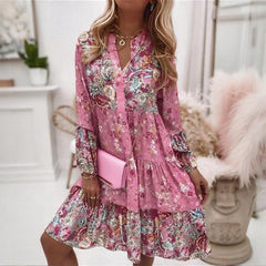 Plus Size Women's Round Neck Button Front Floral Print Dress - Spring Summer Patchwork Midi Dress