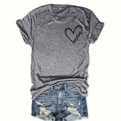 Women's Heart & Letter Print Crew Neck T-Shirt, Casual Short Sleeve Top For Spring & Summer
