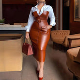 Women's Fashion V-Neck Long Sleeve Shirt Leather Trim Dress Belted Pocket Detail Bodycon Midi Dress