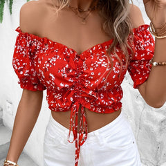 Women Vacation Style Casual Off-Shoulder Elastic Cropped Top With Floral Print