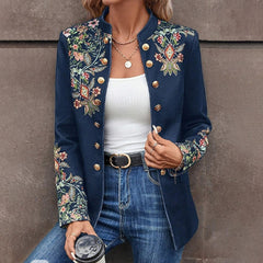 Women's Stand Collar Solid Color Floral Print Blazer Fashion Double-Breasted Fall & Winter Jacket