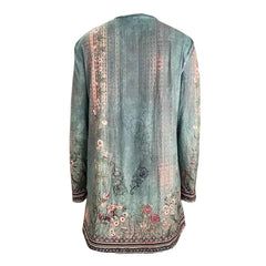 Women's Botanical Print Long Sleeve Cardigan - Asymmetrical Hem Open Front Casual Top