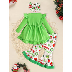 Toddler Baby Girls Christmas Clothes Ruffle Long Sleeve Heart Print Tops Dress Christmas Ball Print Flared Pants With Headband Outfits Set