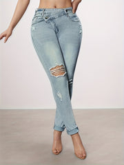 Tear Washed Denim Jeans, Women's Slim Fit Small Foot Design Slim Fit Denim Leggings, Equipped With A Beautiful Waist Belt