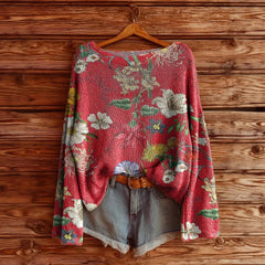 Women's Printed Loose Retro Long-sleeved Brushed Top