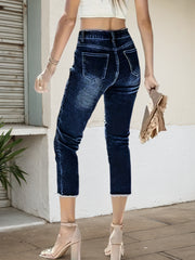 Women's Stretch Slim Fit Seven Quarter Denim Pants - High Stretch Frayed Edge Pocket Mid Waist Denim Seven Quarter Pants, Shallow Water Washed Blue Casual Elegant Versatile, Comfortable Fit, Durable C