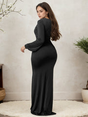 2025 New Women's V-neck Dress, Solid Color Soft Fabric, Long Style, Waist Fold Design, Sexy And Elegant, Date Dress, Party Dress, Bridesmaid Dress