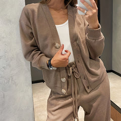 Women's Casual Knit Cardigan With Pocket & Drawstring Lounge Pants Solid Color Button Front Coat Fall Winter Loose Fit 2-Piece Outfit