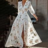 Women's Elegant V-Neck Floral Print Flare Sleeve Maxi Dress High Slit Hem Formal Evening Spring Fall Wedding Party Guest Dress