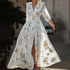 Women's Elegant V-Neck Floral Print Flare Sleeve Maxi Dress High Slit Hem Formal Evening Spring Fall Wedding Party Guest Dress