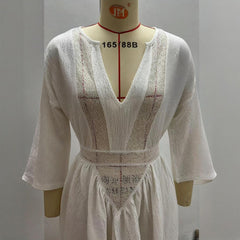 Women's Solid Color Deep V-Neck Long Sleeve Translucent Stitching Design Maxi Beach Bohemian Style Dress