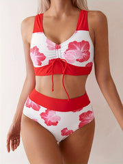 Women's Flower Print Bikini Set Chest Drawstring Stitched Bikini Holiday Style