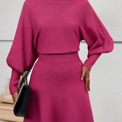 Women's Solid Color Round Neck Lantern Sleeve Bodycon Dress - Elastic Waist Knee-Length Knit Dress