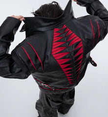 Niche Deconstruction Backbone Pleated Design Sense Short Leather Jacket