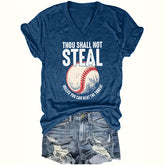 Women's V-Neck 'Thou Shall Not Steal' Baseball Graphic T-Shirt - Humorous Casual Short Sleeve Tee, Soft Top For Summer