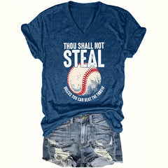 Women's V-Neck 'Thou Shall Not Steal' Baseball Graphic T-Shirt - Humorous Casual Short Sleeve Tee, Soft Top For Summer