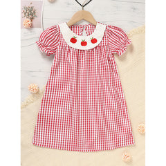 Toddler Kids Girls Back To School Dress Smocked Collar Puff Sleeve Plaid Embroidered Print Dress