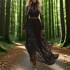 Women's Black Stand Collar Long Sleeve Dress With Button Front & Lace Detail - Flowy Spring Summer Maxi Dress