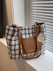 Plaid Shoulder Bag For Women, Large Capacity, Fashionable Commuting Plaid Casual Tote Bag With Pendant