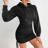 Women's Sexy Solid Color Long Sleeve Bodycon Dress With Drawstring Detail Spring Summer Fashion Fitted Hoodie Mini Dress