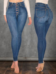 Women's Mid Blue High Waisted Buckle Tight Jeans Are Comfortable To Wear. High Waist Design, Buckle Design Adds A Sense Of Fashion,