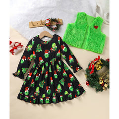 Toddler Kids Baby Girl Christmas Dress Outifts, Long Sleeves Cartoon Prints Party Dress With Heart Print Vest Coat Xmas Clothes Set