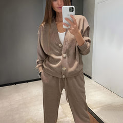 Women's Casual Knit Cardigan With Pocket & Drawstring Lounge Pants Solid Color Button Front Coat Fall Winter Loose Fit 2-Piece Outfit