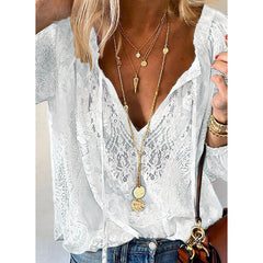 Women's Floral Embroidered Mesh Lace Blouse, Long Sleeve Boho Top, Casual Dressy Shirt