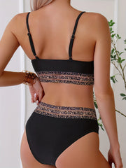 Eopard Print Mesh Contrast Band 2 Piece Set Bikini, Black Scoop Neck High Strech Swimsuit, Women's Swimwear & Clothing