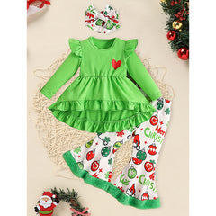 Toddler Baby Girls Christmas Clothes Ruffle Long Sleeve Heart Print Tops Dress Christmas Ball Print Flared Pants With Headband Outfits Set