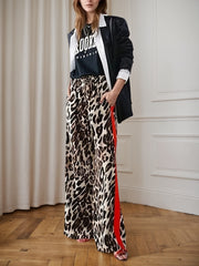 2025 New Women's Casual Pants With Drawstring Leopard Print Color Blocking Side Stripes Straight Leg Wide Leg Loose Pants Comfortable And Skin Friendly
