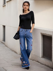 Ladies' High Waisted Slim Fit Bell Bottom Pants With Floral Embroidery Details, Lightweight And Comfortable Material - Breathable Elastic Denim Wide Leg Pants, The Best Choice For Elegant Fashion And