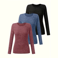 Women's 3 Pack Ribbed Knit Long Sleeve T-Shirt, Slim Fit Crewneck Top, Casual Basic Tee