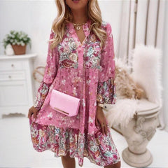 Plus Size Women's Round Neck Button Front Floral Print Dress - Spring Summer Patchwork Midi Dress
