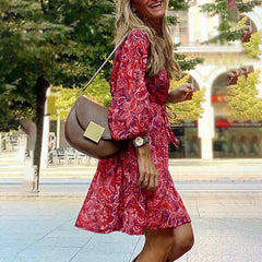 Plus Size Women's Floral Print V-Neck Dress With Drawstring Waist - Bohemian Knee-Length Summer Vacation Dress