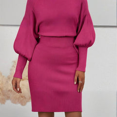 Women's Solid Color Round Neck Lantern Sleeve Bodycon Dress - Elastic Waist Knee-Length Knit Dress