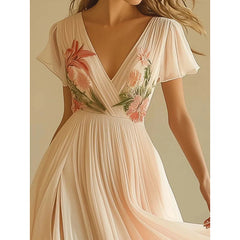 Women's Floral Print V Neck Pleated Chiffon Dress Flutter Short Sleeve Maxi Flowy Beach Wedding Guest Dresses