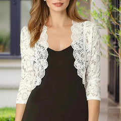 Women's Solid Color Cropped Lace Cardigan - Summer Fashion Medium-Long Sleeve Open Front Top