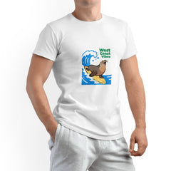 West Coast Seal Printed Men's Pure Cotton T-shirt - Casual Round Neck, Slightly Elastic, Suitable For Summer Knitted Fabric, Classic Fit Adult Shirt, Couple's Shirt