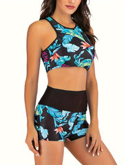 Women's Fashion Bikini Set, Floral Print, Round Neck Two-piece Set, Vacation Style, Bikini.