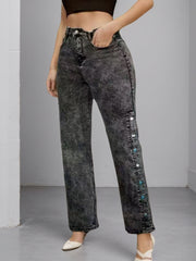 High Waisted Slightly Flared Jeans With Side Buckles, Classic Graphite Color, Comfortable Fit, Essential For Going Out.