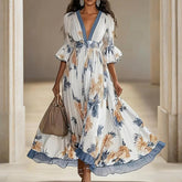 Women's Floral Print Maxi Dress With Deep V-Neck & Flare Sleeves, Elegant Flowy Wedding Guest Party Evening Dress