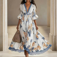 Women's Floral Print Maxi Dress With Deep V-Neck & Flare Sleeves, Elegant Flowy Wedding Guest Party Evening Dress