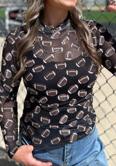 Black Game Day Rugby Mesh Sheer Long Sleeve Top