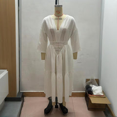 Women's Solid Color Deep V-Neck Long Sleeve Translucent Stitching Design Maxi Beach Bohemian Style Dress