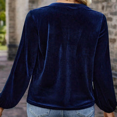 Women's Solid Color V-Neck Button Detail Long Sleeve Pullover Top Casual Elegant Office Blouse