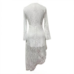Women's Solid Color Deep V-Neck Long Sleeve Lace Dress - Bohemian Style Summer Dress With Irregular Hem