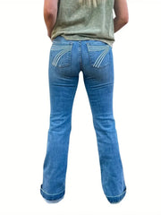 Women's High Waisted Distressed Washed Embroidered Stretch Micro Pull Jeans, Slim Fit Straight Leg Jeans, Suitable For Autumn And Winter Wear, Fashionable Women's Clothing