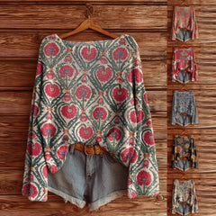 Women's Printed Loose Retro Long-sleeved Brushed Top